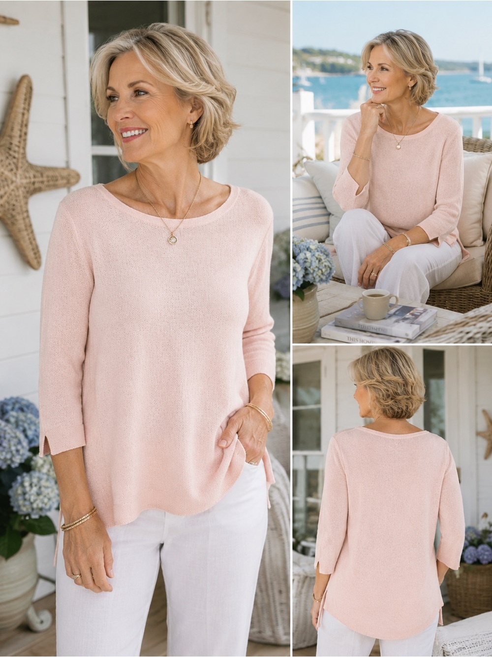 J. Jill Linen Blend Light Pink 3/4 Sleeve Sweater Large Petite Hi-Low Lghtwght